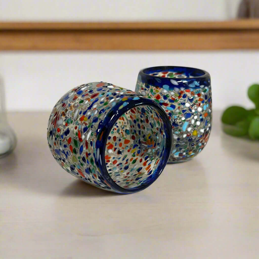 Blue Rim Confetti Wine Glass | Hand-Blown Mexican Stemless Cup