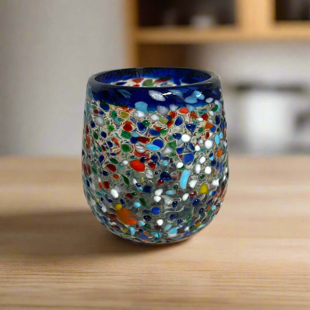 Blue Rim Confetti Wine Glass | Hand-Blown Mexican Stemless Cup