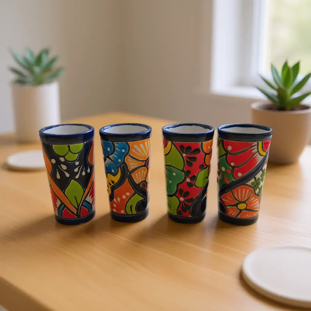Vaso Tequilero Talavera Borde Azul | Cristalería Mexicana Pintada a Mano