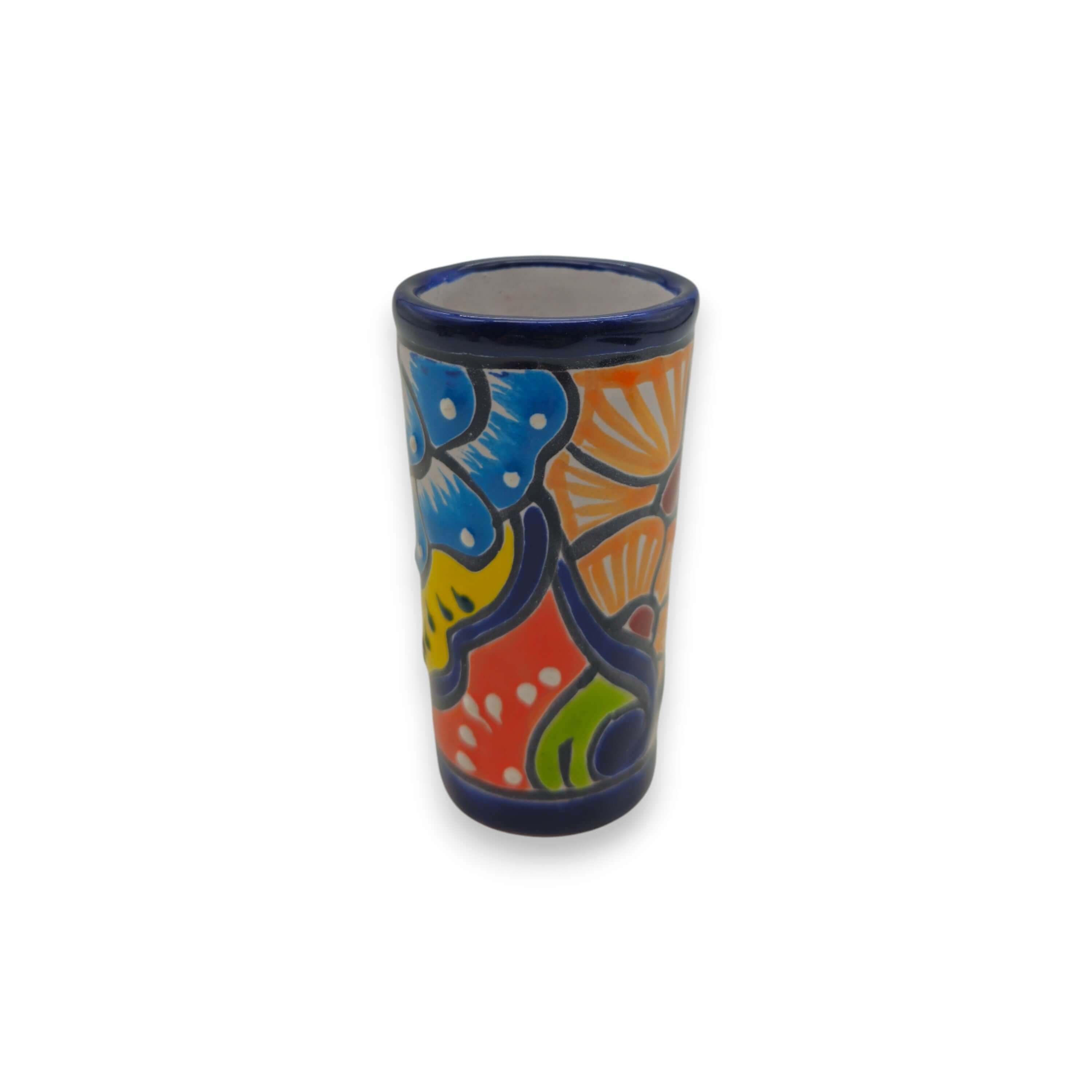 Vaso Tequilero Talavera Borde Azul | Cristalería Mexicana Pintada a Mano