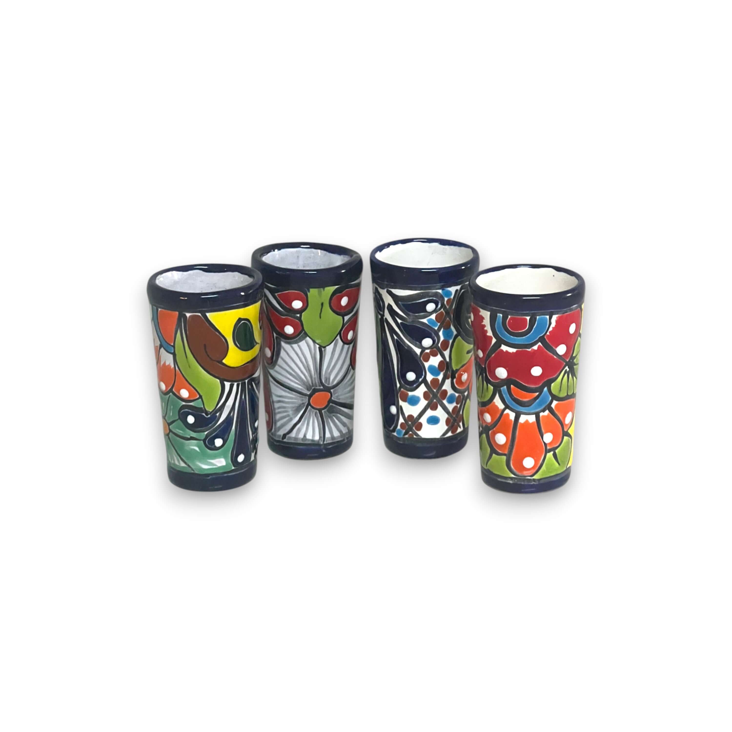 Vaso Tequilero Talavera Borde Azul | Cristalería Mexicana Pintada a Mano