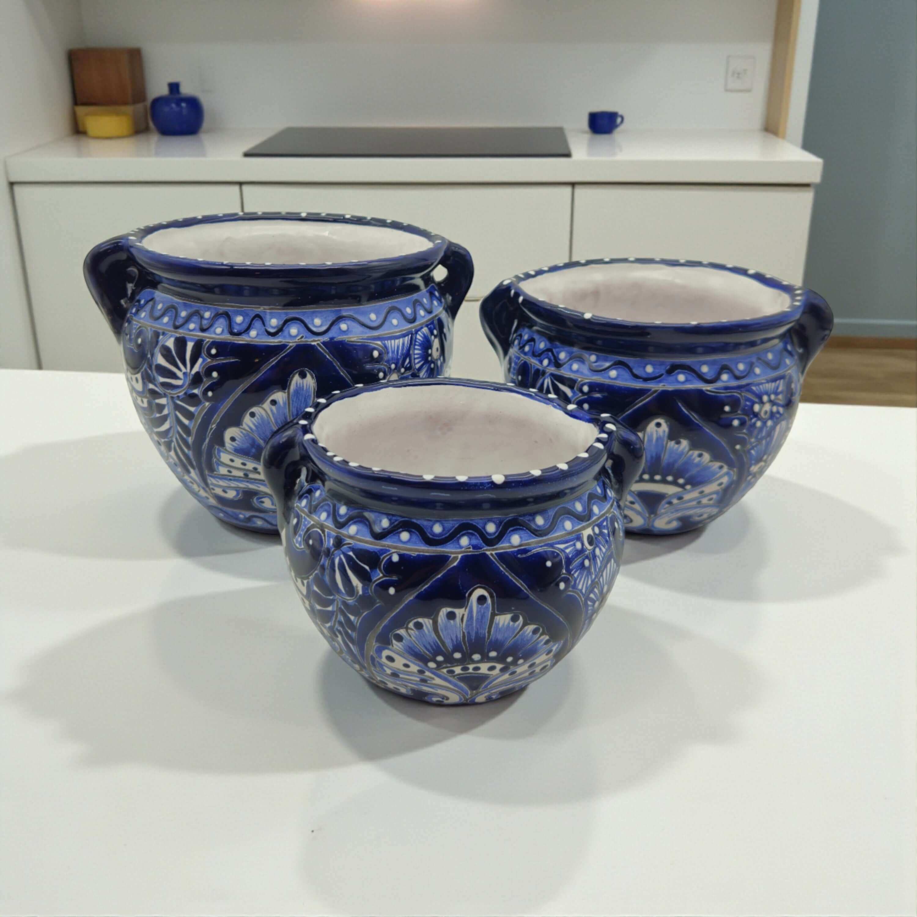 Juego de 3 macetas Talavera azules y blancas | Macetas pintadas a mano
