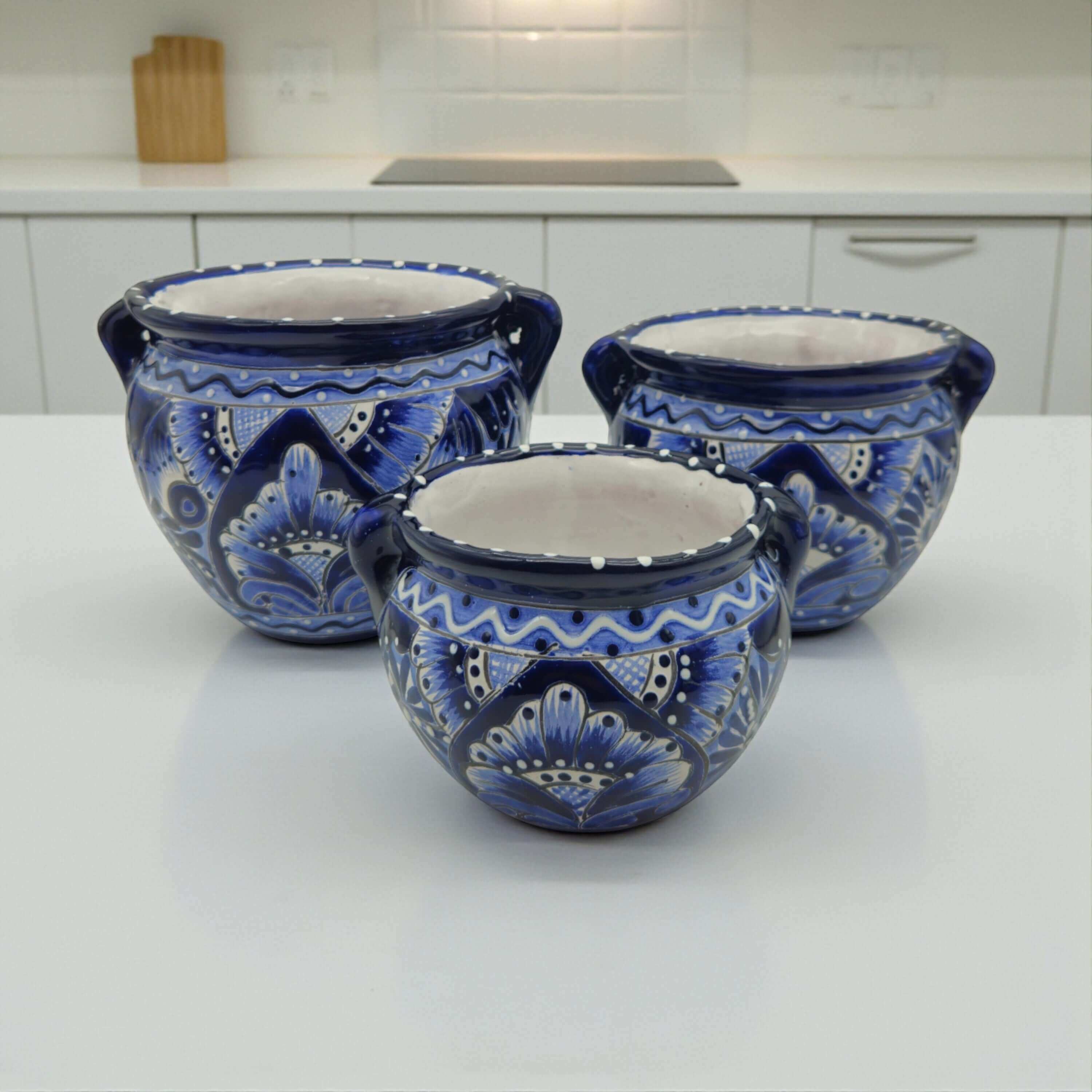 Juego de 3 macetas Talavera azules y blancas | Macetas pintadas a mano