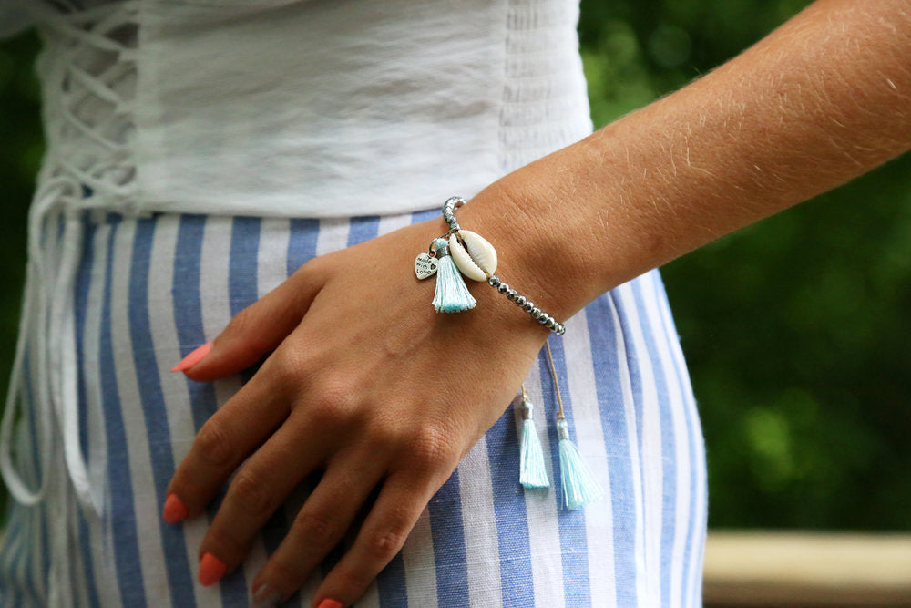 Beaded Shell Tassel Bracelet Aqua