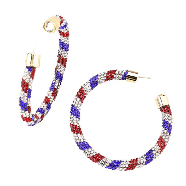 Clear Stone Detail Rhinestone Pave USA Flag Half Hoop Earrings Patriotic Earrings Rhinestone Hoop Earrings