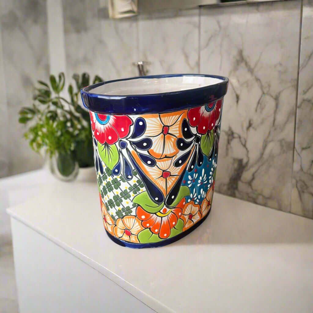 Bote de basura de Talavera colorido | Papelera mexicana hecha a mano