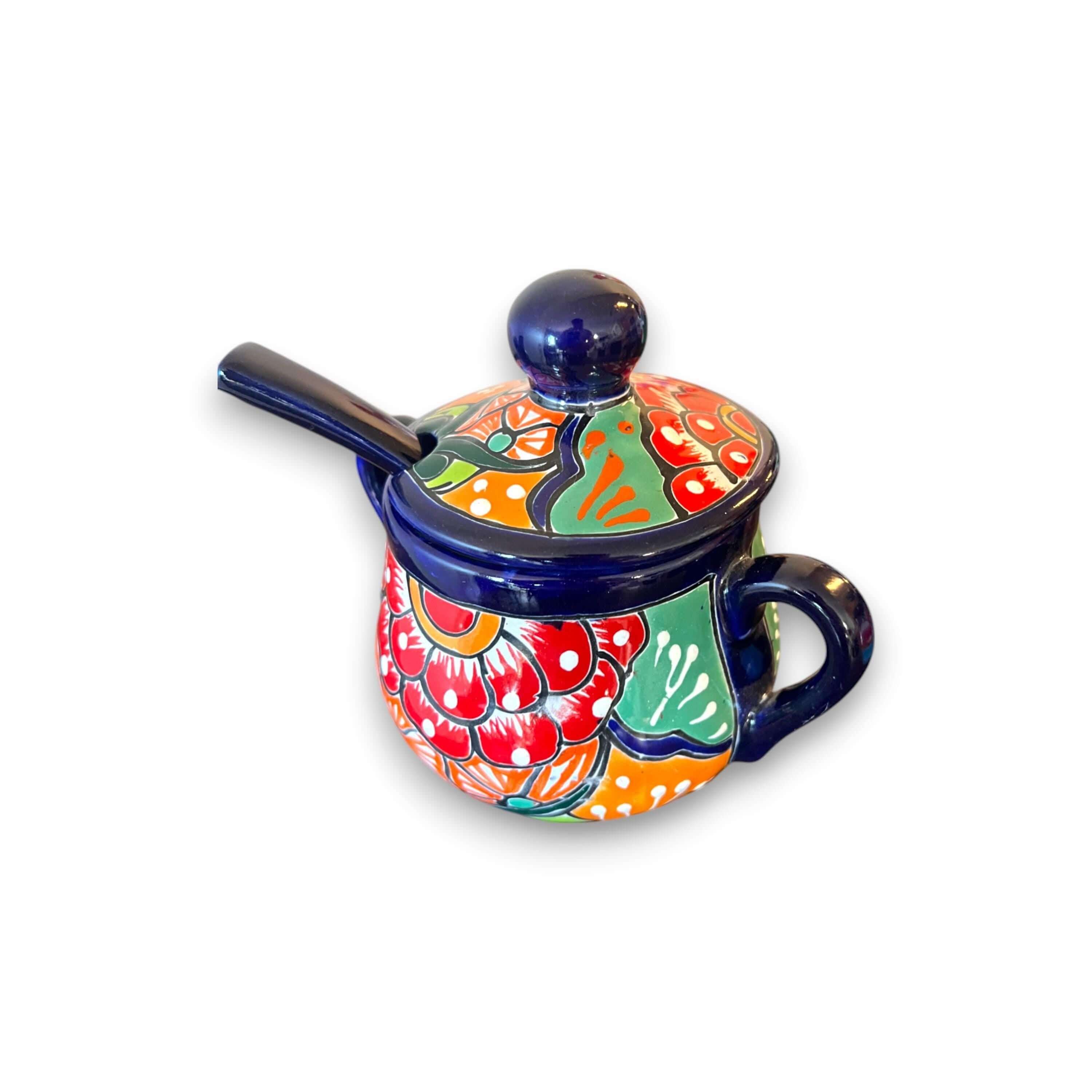 Azucarero de Talavera colorido con cuchara | Arte de cerámica mexicana