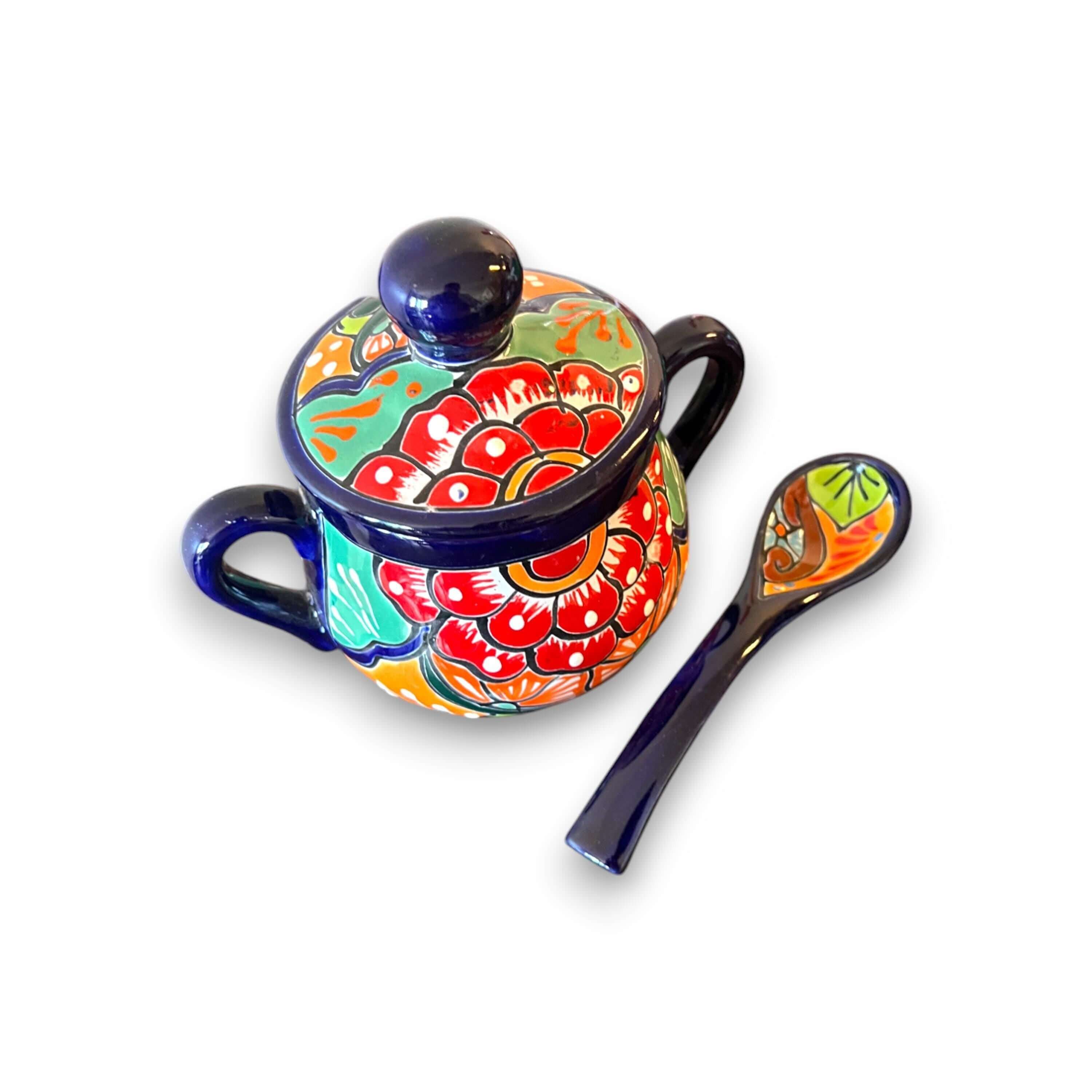 Azucarero de Talavera colorido con cuchara | Arte de cerámica mexicana