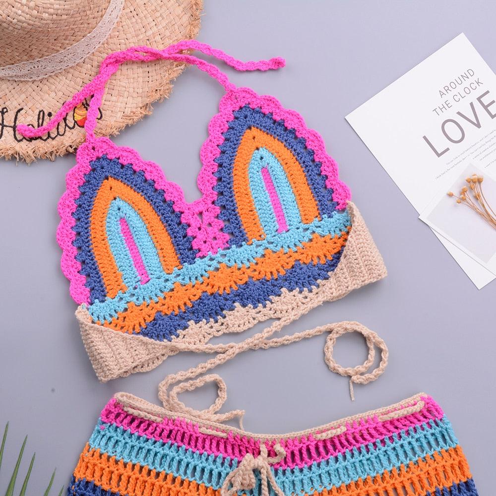 Crochet Bikini Sets Multi Color Knitted Rainbow Striped Off Shoulder Top Bottom Bikini Women's Crochet Striped Lace Up Shorts Bikini Set 2 PCS Knit Bathing Suit Swimsuit Beachwear Bathing Suit Women Swimsuit