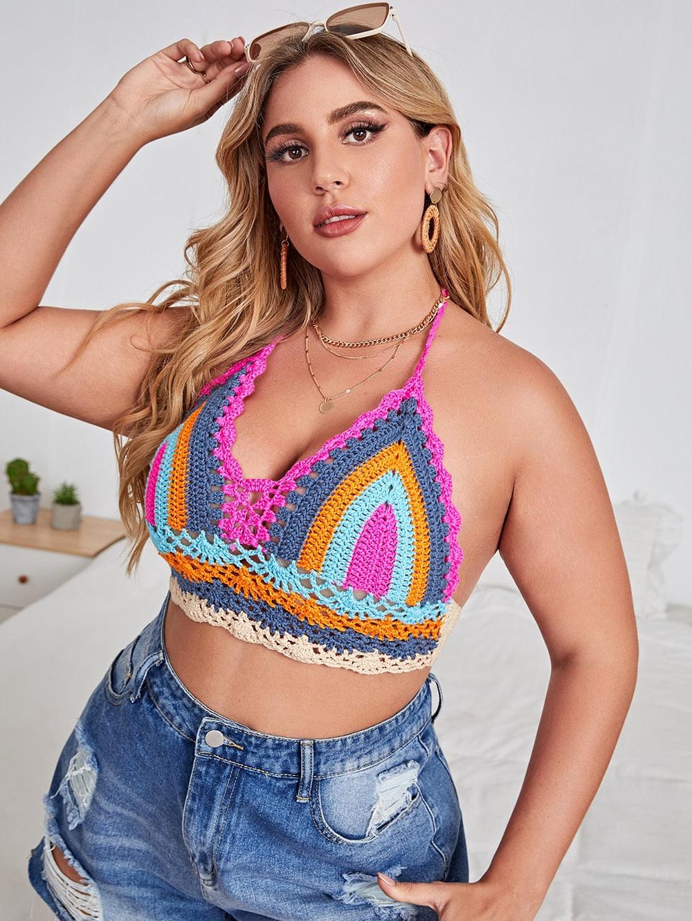 Crochet Bikini Sets Multi Color Knitted Rainbow Striped Off Shoulder Top Bottom Bikini Women's Crochet Striped Lace Up Shorts Bikini Set 2 PCS Knit Bathing Suit Swimsuit Beachwear Bathing Suit Women Swimsuit