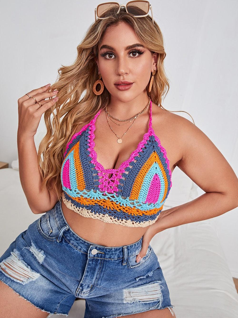Crochet Bikini Sets Multi Color Knitted Rainbow Striped Off Shoulder Top Bottom Bikini Women's Crochet Striped Lace Up Shorts Bikini Set 2 PCS Knit Bathing Suit Swimsuit Beachwear Bathing Suit Women Swimsuit