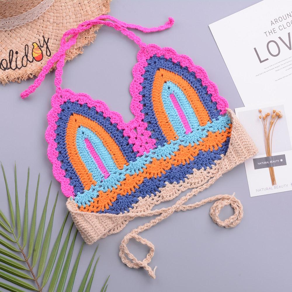 Crochet Bikini Sets Multi Color Knitted Rainbow Striped Off Shoulder Top Bottom Bikini Women's Crochet Striped Lace Up Shorts Bikini Set 2 PCS Knit Bathing Suit Swimsuit Beachwear Bathing Suit Women Swimsuit