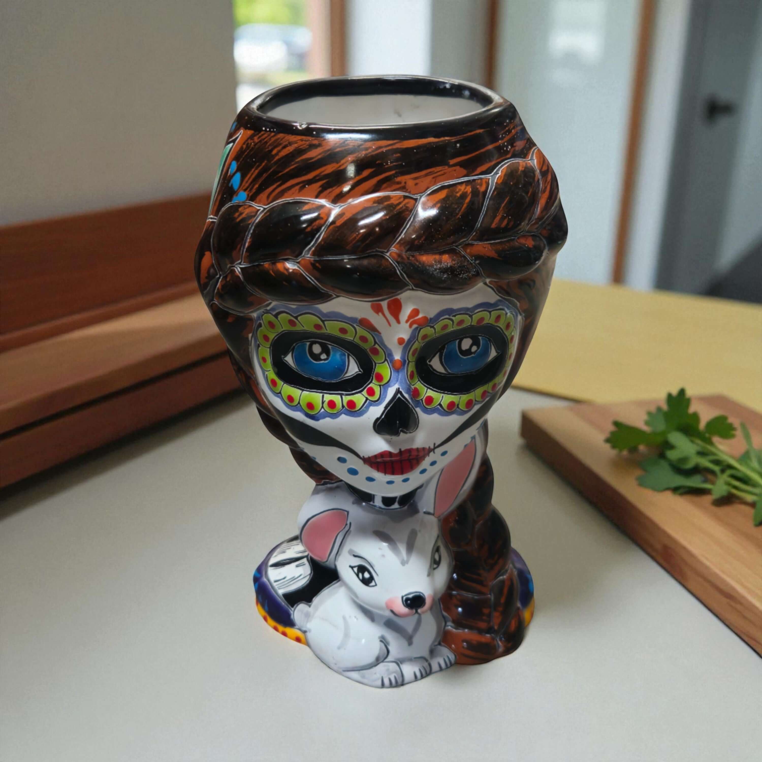 Macetero de Catrina y Conejo | Maceta de Talavera pintada a mano