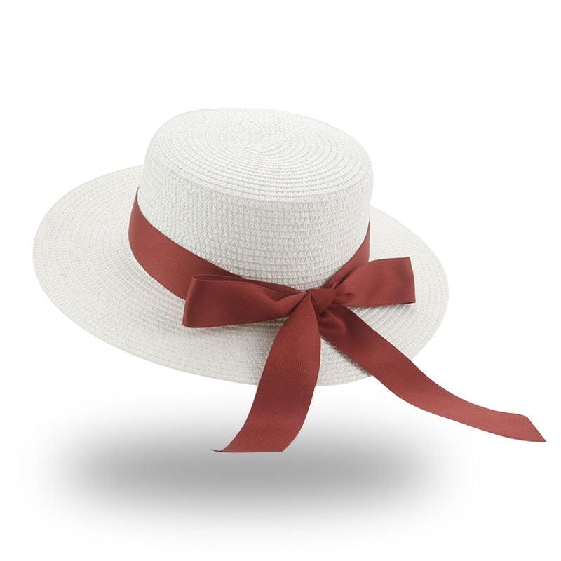 Elegant Adult Bucket Hat Beach Summer Straw Hats for Women Beach Sun Straw Hat Wide Luxury Comfortable Hat Flat Top Ribbon Bowknot Elegant Luxury Women Summer Hat 56-58cm