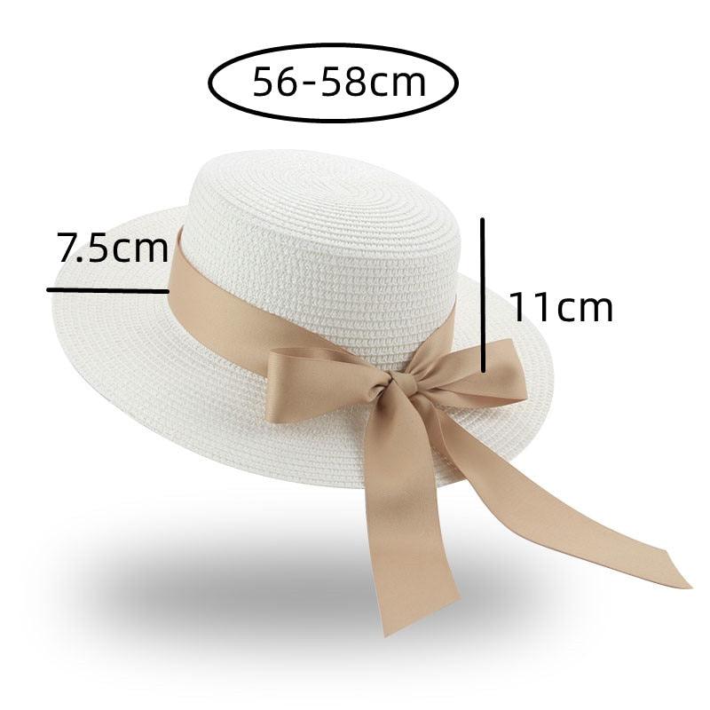 Elegant Adult Bucket Hat Beach Summer Straw Hats for Women Beach Sun Straw Hat Wide Luxury Comfortable Hat Flat Top Ribbon Bowknot Elegant Luxury Women Summer Hat 56-58cm