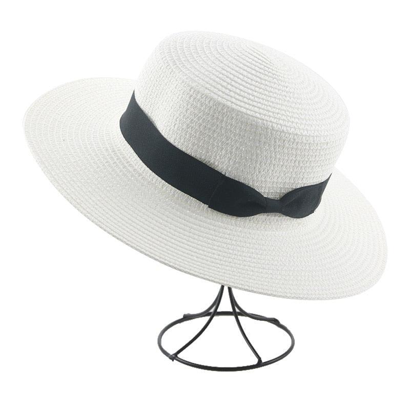 Elegant Adult Bucket Hat Beach Summer Straw Hats for Women Beach Sun Straw Hat Wide Luxury Comfortable Hat Flat Top Ribbon Bowknot Elegant Luxury Women Summer Hat 56-58cm