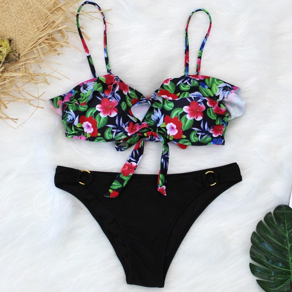 Female Two Piece Swimsuit Low Waist Bikini Floral Printing Swimwear Push Up Bathing Suit Detachable Padded Push Up Striped Bikini Set Two Piece Swimsuit Ladies Vintage Lace Bikini Sets Beach Swimwear