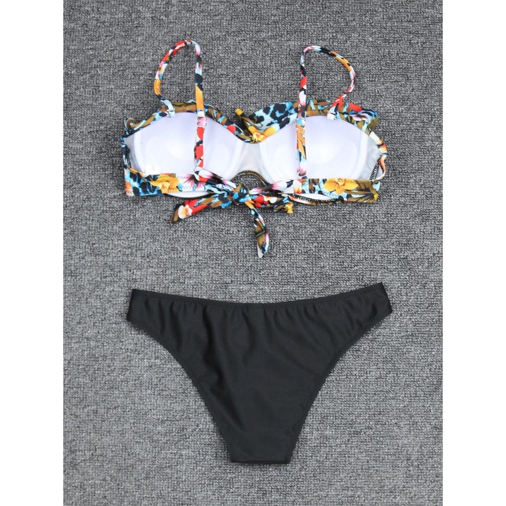Female Two Piece Swimsuit Low Waist Bikini Floral Printing Swimwear Push Up Bathing Suit Detachable Padded Push Up Striped Bikini Set Two Piece Swimsuit Ladies Vintage Lace Bikini Sets Beach Swimwear
