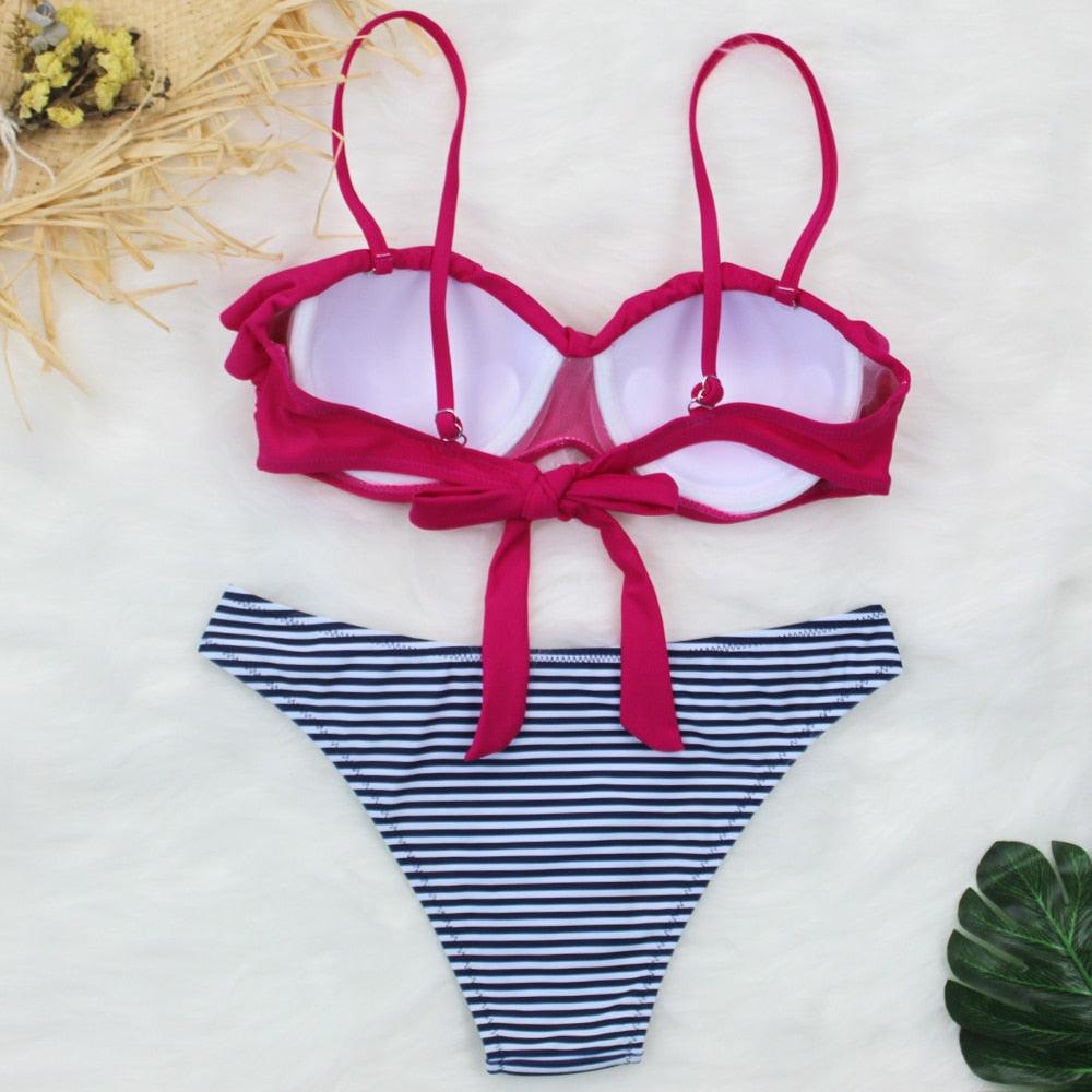 Female Two Piece Swimsuit Low Waist Bikini Floral Printing Swimwear Push Up Bathing Suit Detachable Padded Push Up Striped Bikini Set Two Piece Swimsuit Ladies Vintage Lace Bikini Sets Beach Swimwear