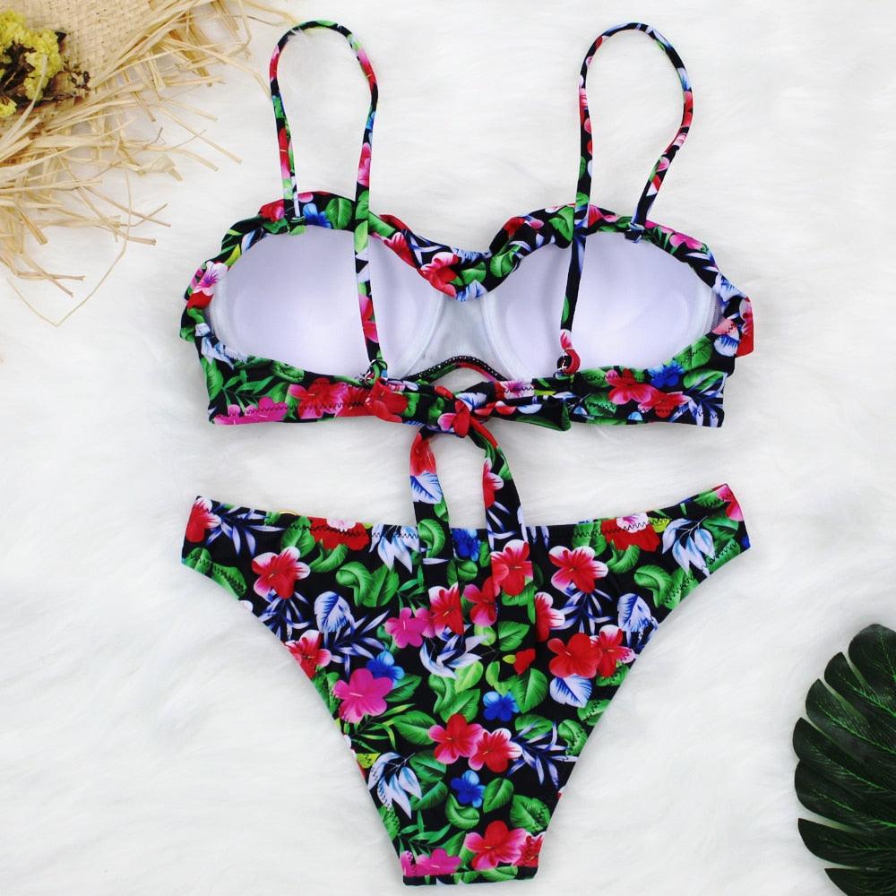 Female Two Piece Swimsuit Low Waist Bikini Floral Printing Swimwear Push Up Bathing Suit Detachable Padded Push Up Striped Bikini Set Two Piece Swimsuit Ladies Vintage Lace Bikini Sets Beach Swimwear