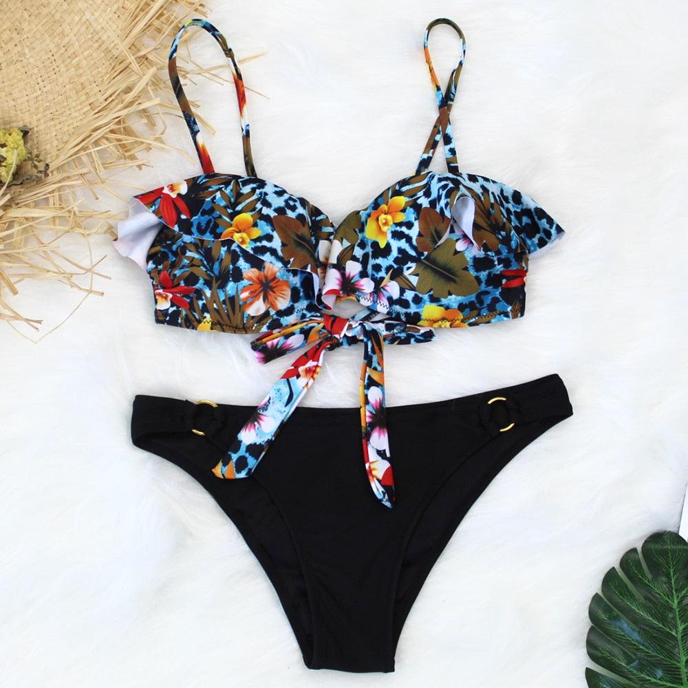 Female Two Piece Swimsuit Low Waist Bikini Floral Printing Swimwear Push Up Bathing Suit Detachable Padded Push Up Striped Bikini Set Two Piece Swimsuit Ladies Vintage Lace Bikini Sets Beach Swimwear