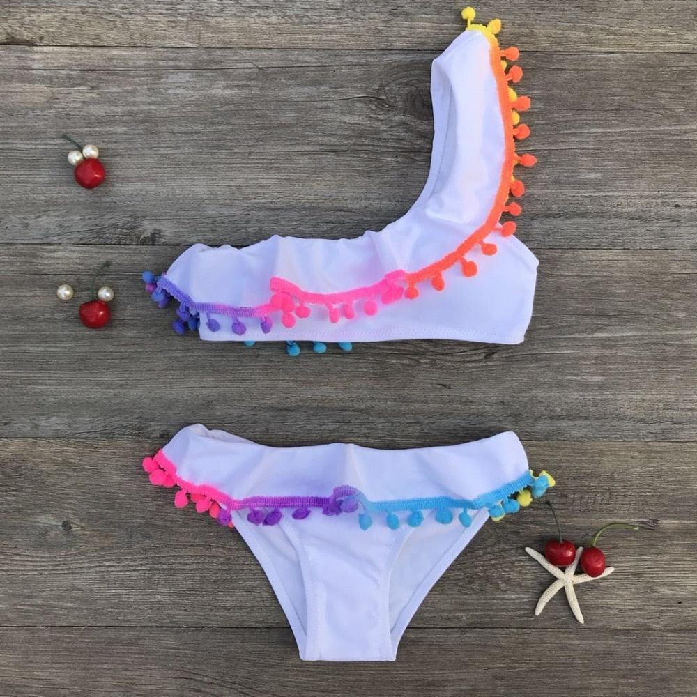 Girls Split Swimsuits Cute Shoulder Swimsuit Toddler Baby Girls 2 Piece Swimsuit Kids Bathing Beach Sun Suit Children Swimwear Bikini Set Girl Swimming Clothes Kids Bathing Suit Beachwear For Summer