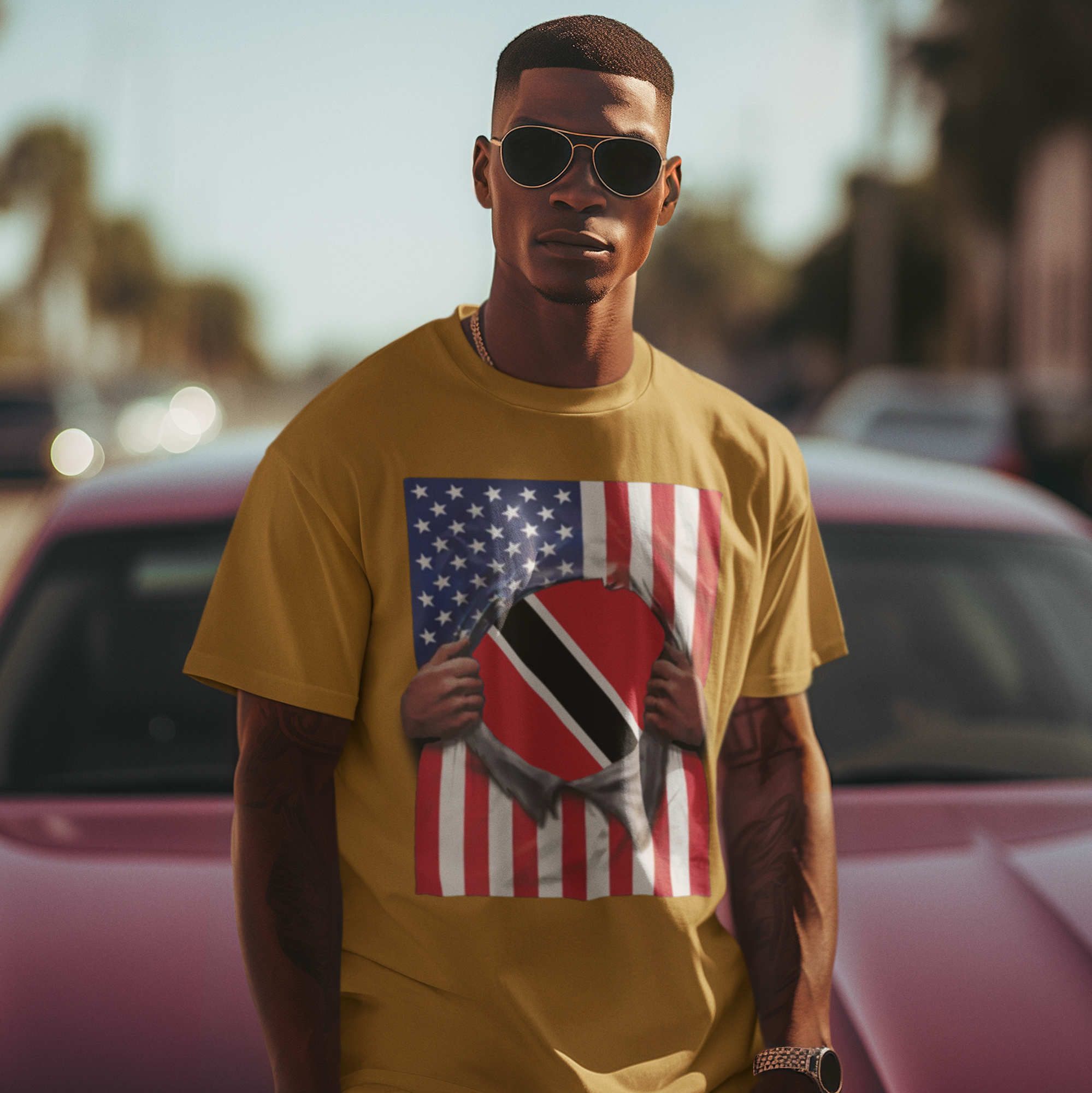 Camiseta del Orgullo con la Bandera de Trinidad y Tobago y la Bandera de EE. UU. | Desgarro de la Bandera de Trinidad y Tobago y la Bandera Estadounidense para el 4 de Julio | Camisetas Latinas Virales Divertidas | Unisex - 4 Colores