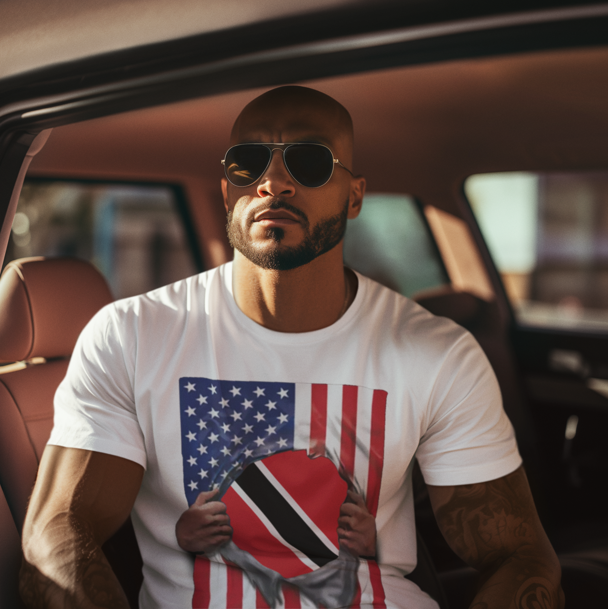 Camiseta del Orgullo con la Bandera de Trinidad y Tobago y la Bandera de EE. UU. | Desgarro de la Bandera de Trinidad y Tobago y la Bandera Estadounidense para el 4 de Julio | Camisetas Latinas Virales Divertidas | Unisex - 4 Colores