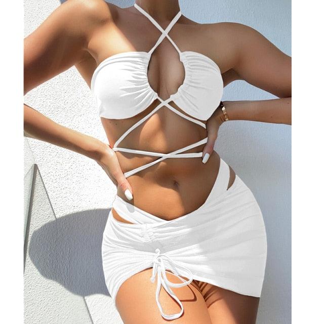 Halter Hollow Cross Bikinis Set Swimsuit Women's New Solid Two-Piece Swimwear Two Piece Swimsuit Halter Crisscross Cut Out Bikini Wrap Top with High Waist Bottom Beach Swimwear Summer Beachwear Woman Bath Bathing Suit