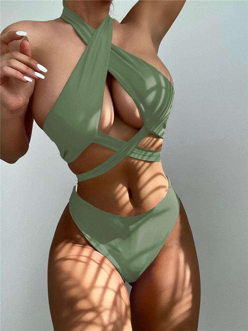 Halter Hollow Cross Bikinis Set Swimsuit Women's New Solid Two-Piece Swimwear Two Piece Swimsuit Halter Crisscross Cut Out Bikini Wrap Top with High Waist Bottom Beach Swimwear Summer Beachwear Woman Bath Bathing Suit