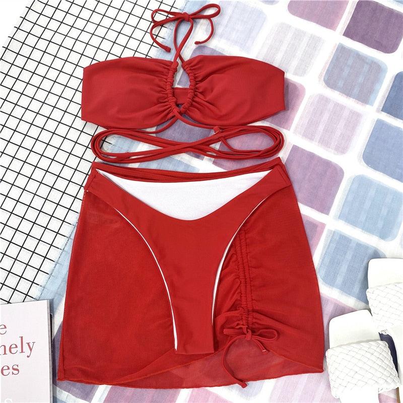 Halter Hollow Cross Bikinis Set Swimsuit Women's New Solid Two-Piece Swimwear Two Piece Swimsuit Halter Crisscross Cut Out Bikini Wrap Top with High Waist Bottom Beach Swimwear Summer Beachwear Woman Bath Bathing Suit