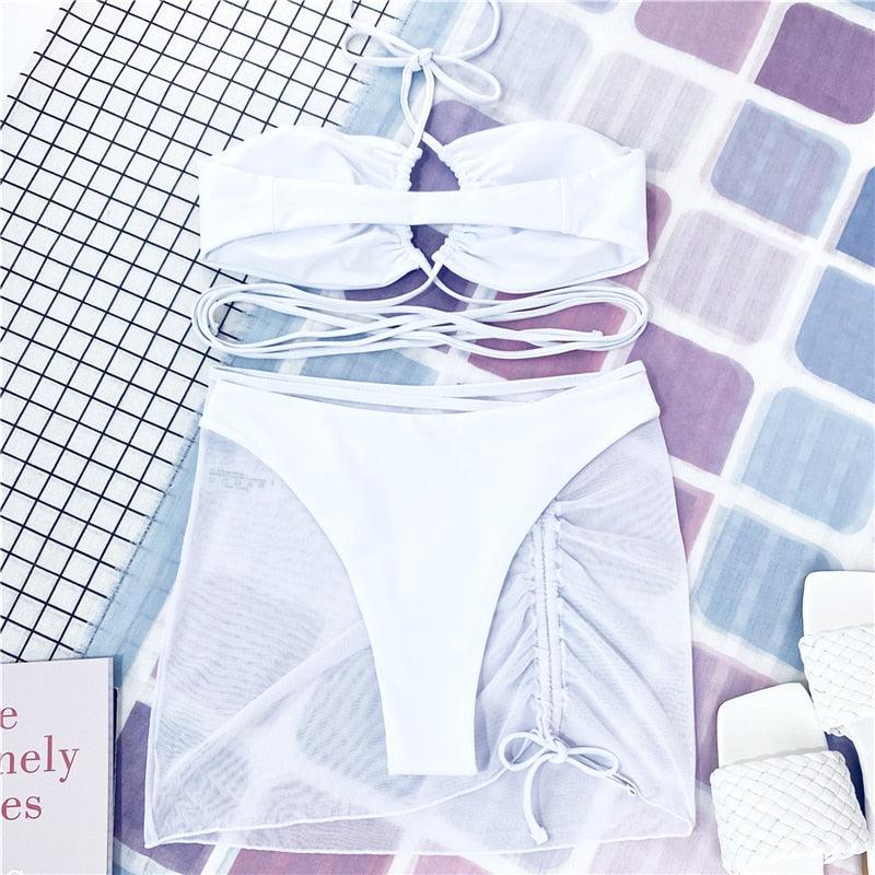 Halter Hollow Cross Bikinis Set Swimsuit Women's New Solid Two-Piece Swimwear Two Piece Swimsuit Halter Crisscross Cut Out Bikini Wrap Top with High Waist Bottom Beach Swimwear Summer Beachwear Woman Bath Bathing Suit
