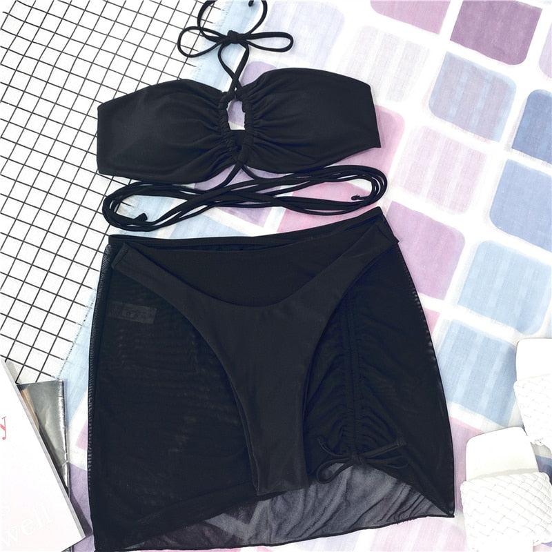 Halter Hollow Cross Bikinis Set Swimsuit Women's New Solid Two-Piece Swimwear Two Piece Swimsuit Halter Crisscross Cut Out Bikini Wrap Top with High Waist Bottom Beach Swimwear Summer Beachwear Woman Bath Bathing Suit