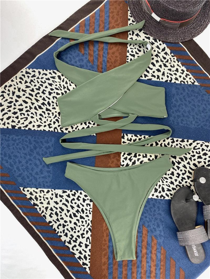 Halter Hollow Cross Bikinis Set Swimsuit Women's New Solid Two-Piece Swimwear Two Piece Swimsuit Halter Crisscross Cut Out Bikini Wrap Top with High Waist Bottom Beach Swimwear Summer Beachwear Woman Bath Bathing Suit