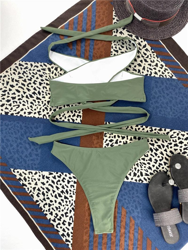 Halter Hollow Cross Bikinis Set Swimsuit Women's New Solid Two-Piece Swimwear Two Piece Swimsuit Halter Crisscross Cut Out Bikini Wrap Top with High Waist Bottom Beach Swimwear Summer Beachwear Woman Bath Bathing Suit