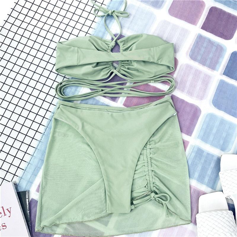 Halter Hollow Cross Bikinis Set Swimsuit Women's New Solid Two-Piece Swimwear Two Piece Swimsuit Halter Crisscross Cut Out Bikini Wrap Top with High Waist Bottom Beach Swimwear Summer Beachwear Woman Bath Bathing Suit