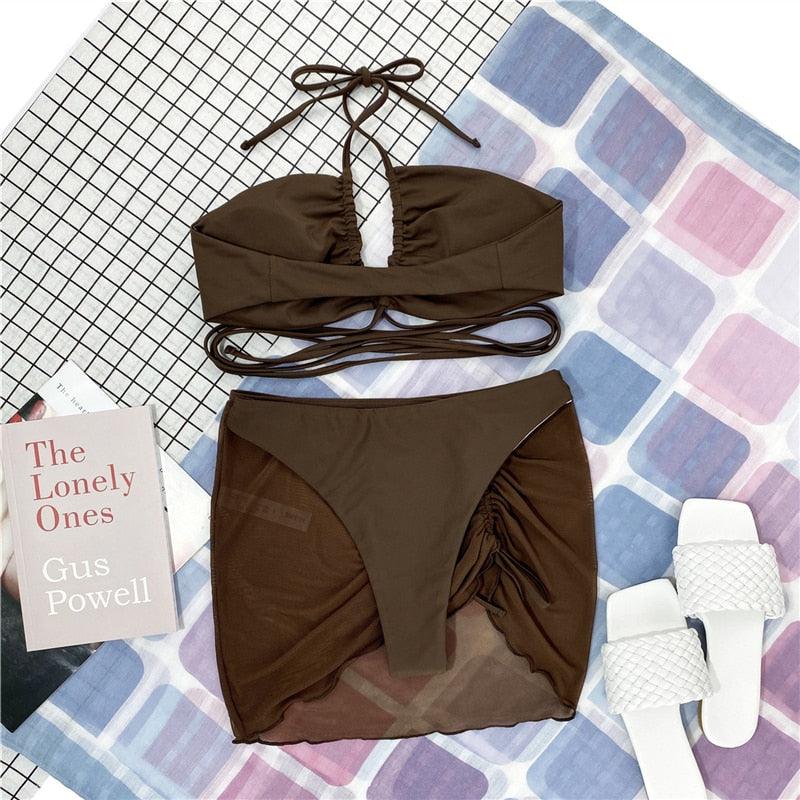 Halter Hollow Cross Bikinis Set Swimsuit Women's New Solid Two-Piece Swimwear Two Piece Swimsuit Halter Crisscross Cut Out Bikini Wrap Top with High Waist Bottom Beach Swimwear Summer Beachwear Woman Bath Bathing Suit