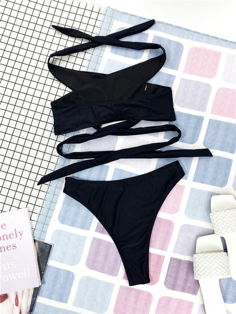 Halter Hollow Cross Bikinis Set Swimsuit Women's New Solid Two-Piece Swimwear Two Piece Swimsuit Halter Crisscross Cut Out Bikini Wrap Top with High Waist Bottom Beach Swimwear Summer Beachwear Woman Bath Bathing Suit