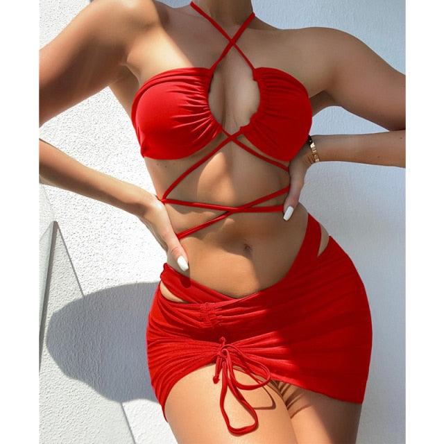 Halter Hollow Cross Bikinis Set Swimsuit Women's New Solid Two-Piece Swimwear Two Piece Swimsuit Halter Crisscross Cut Out Bikini Wrap Top with High Waist Bottom Beach Swimwear Summer Beachwear Woman Bath Bathing Suit