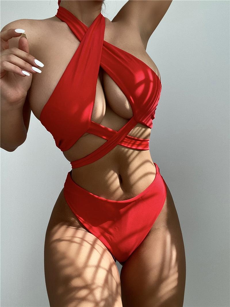 Halter Hollow Cross Bikinis Set Swimsuit Women's New Solid Two-Piece Swimwear Two Piece Swimsuit Halter Crisscross Cut Out Bikini Wrap Top with High Waist Bottom Beach Swimwear Summer Beachwear Woman Bath Bathing Suit