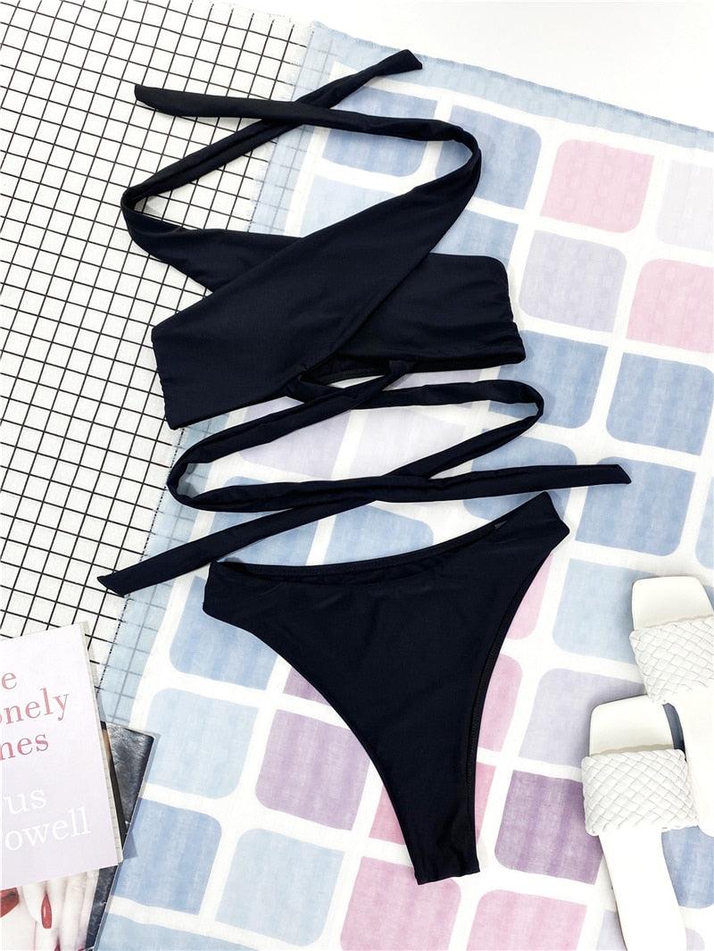Halter Hollow Cross Bikinis Set Swimsuit Women's New Solid Two-Piece Swimwear Two Piece Swimsuit Halter Crisscross Cut Out Bikini Wrap Top with High Waist Bottom Beach Swimwear Summer Beachwear Woman Bath Bathing Suit
