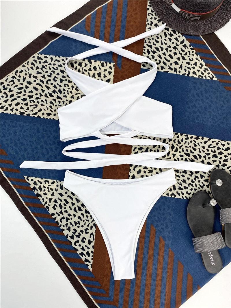 Halter Hollow Cross Bikinis Set Swimsuit Women's New Solid Two-Piece Swimwear Two Piece Swimsuit Halter Crisscross Cut Out Bikini Wrap Top with High Waist Bottom Beach Swimwear Summer Beachwear Woman Bath Bathing Suit