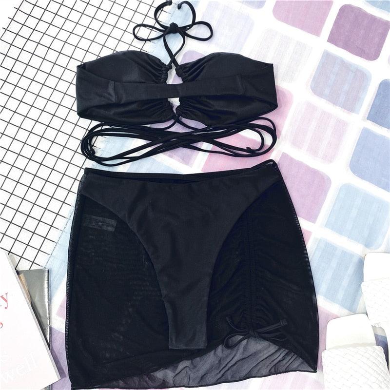 Halter Hollow Cross Bikinis Set Swimsuit Women's New Solid Two-Piece Swimwear Two Piece Swimsuit Halter Crisscross Cut Out Bikini Wrap Top with High Waist Bottom Beach Swimwear Summer Beachwear Woman Bath Bathing Suit