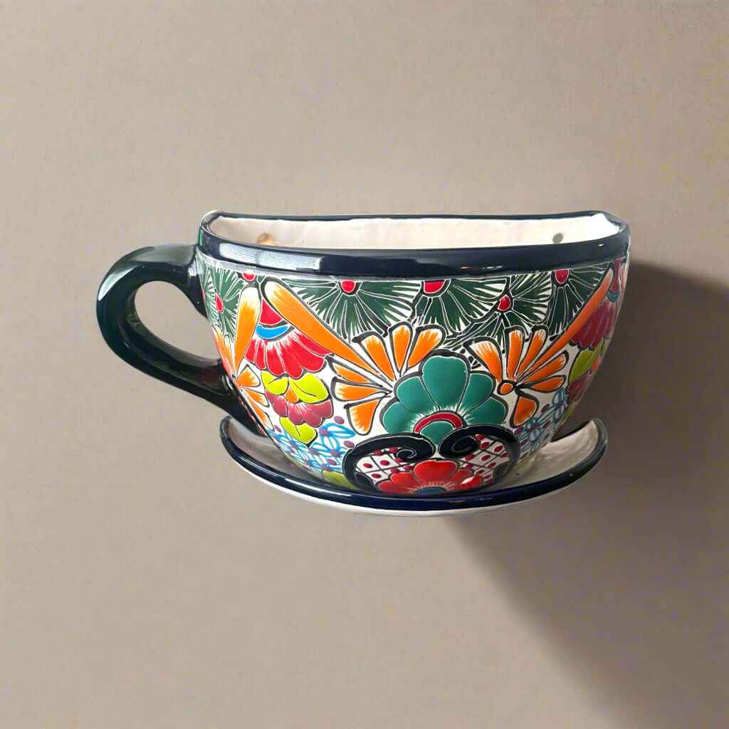 Macetero de taza de café Talavera | Maceta de pared mexicana pintada a mano