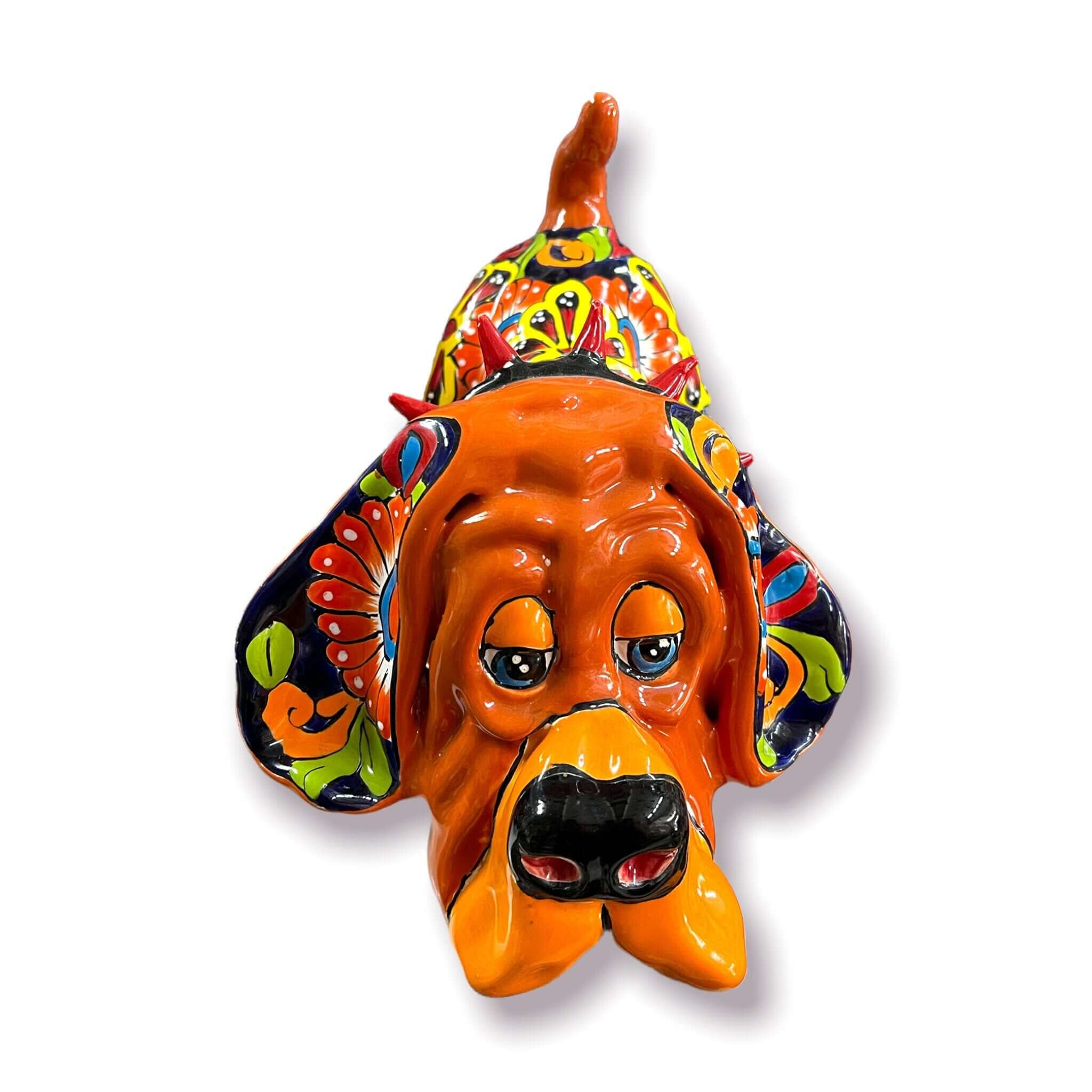 Estatua de perro de Talavera | Sabueso de cerámica mexicana colorido pintado a mano