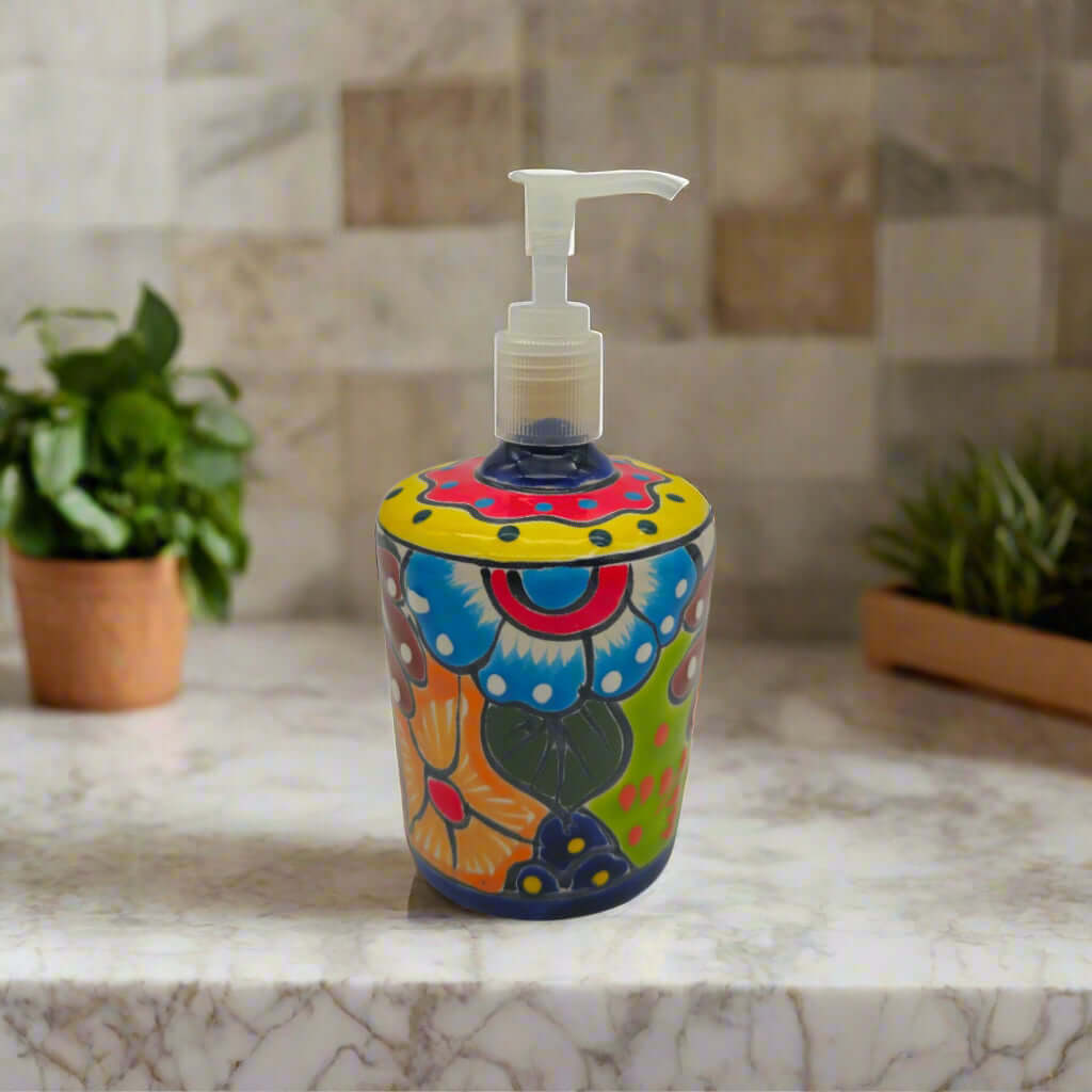 Dispensador de jabón floral Talavera | Cerámica mexicana pintada a mano