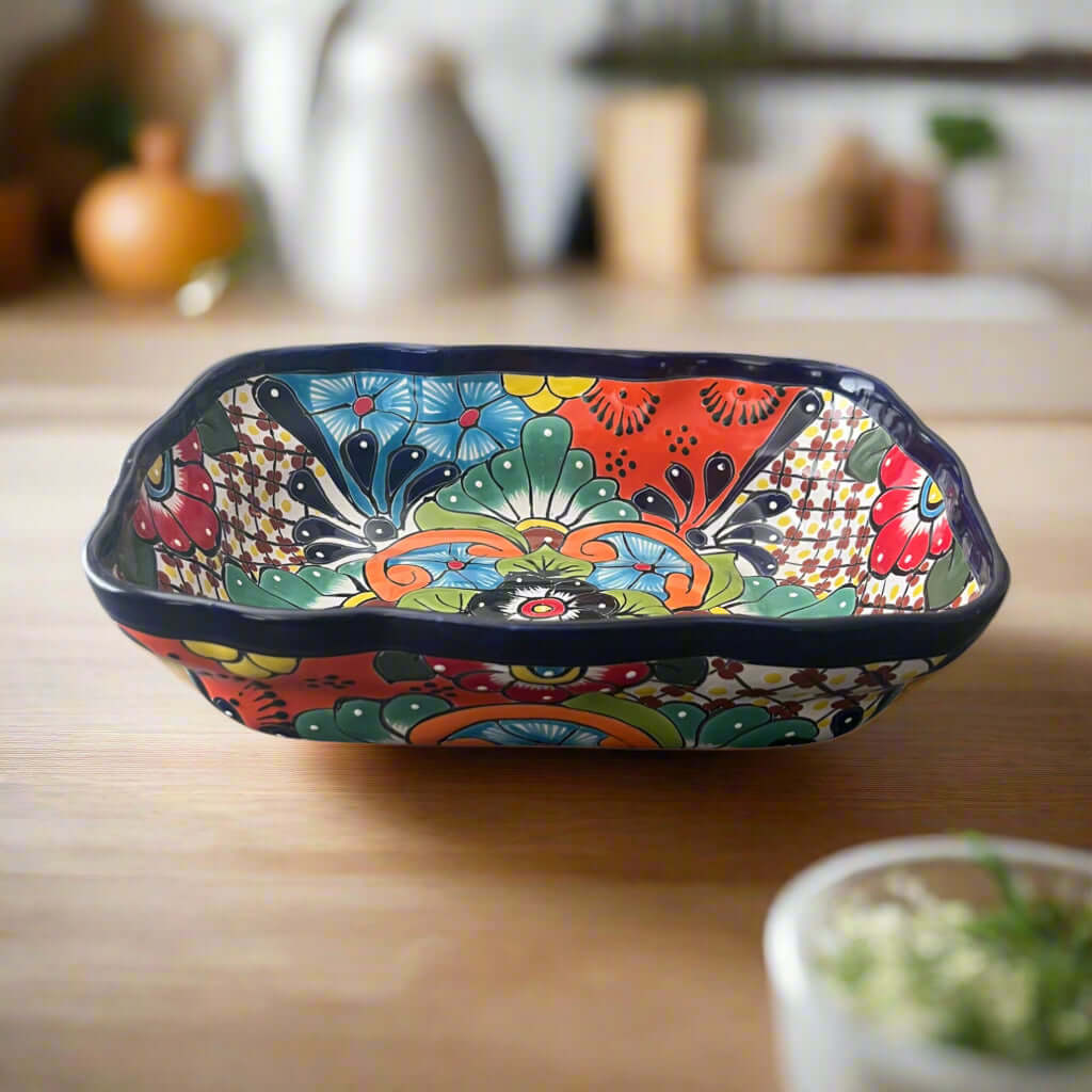 Fuente para Servir de Talavera | Cuenco de Cerámica Mexicana Grande Pintado a Mano