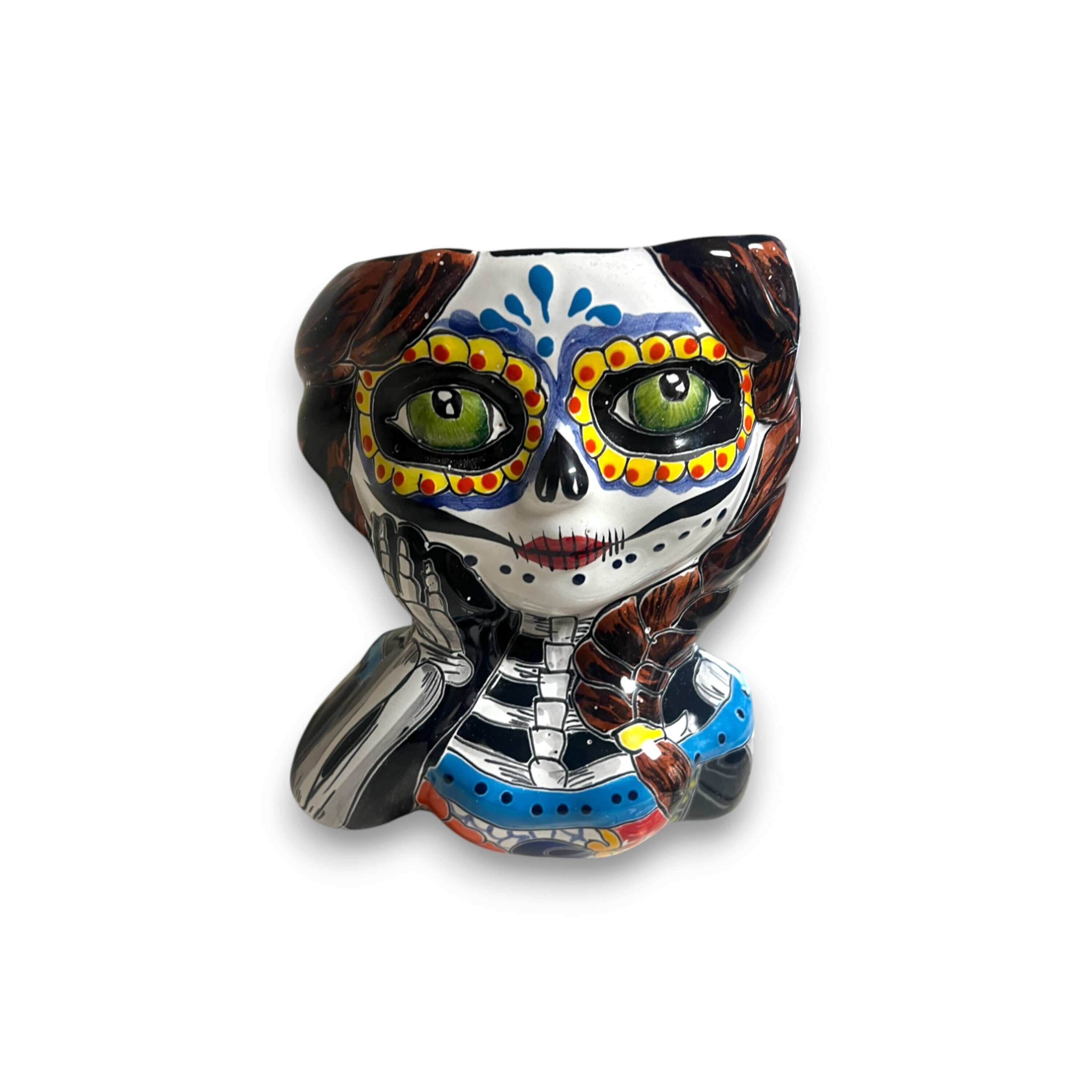 Maceta Talavera Calavera de Niña | Maceta del Día de Muertos Pintada a Mano