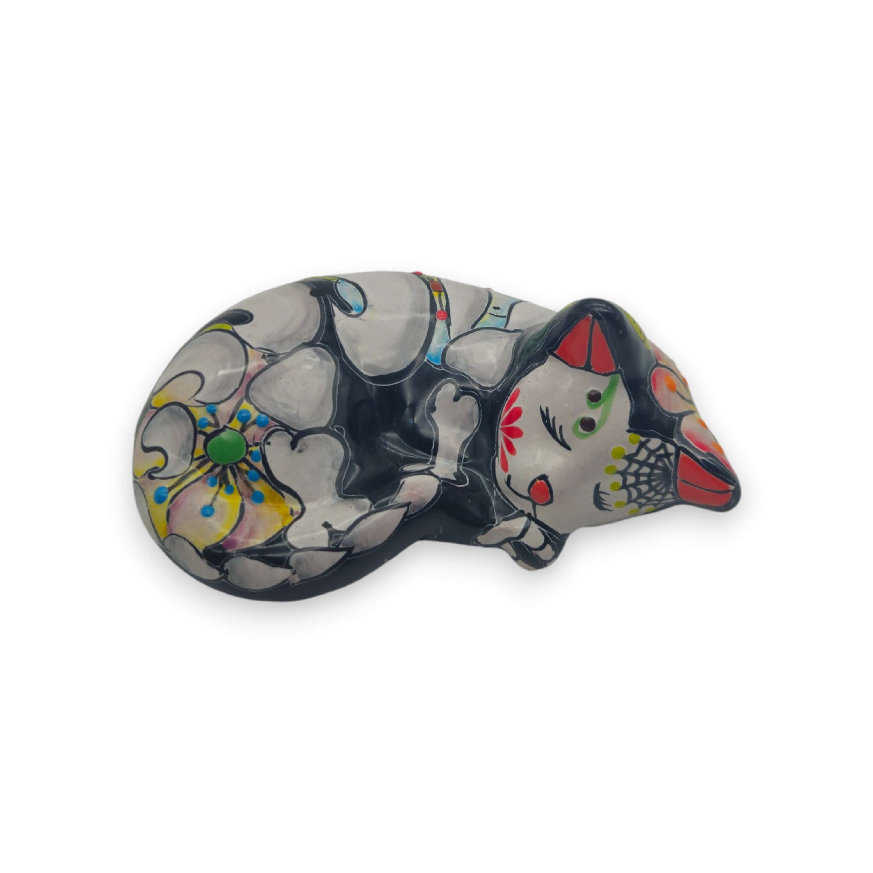 Talavera Sleeping Cat Figurine | Hand-Painted Mexican Decor