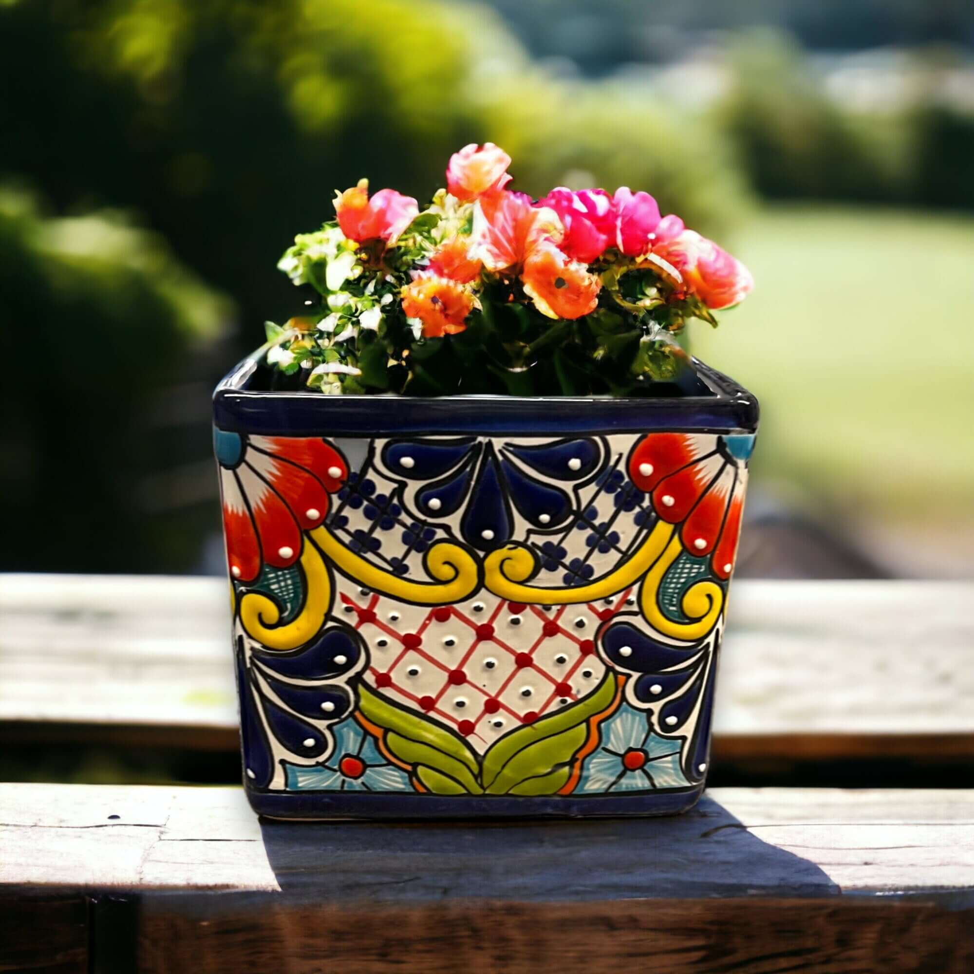 Juego de 3 macetas cuadradas de Talavera pintadas a mano | Macetas florales coloridas